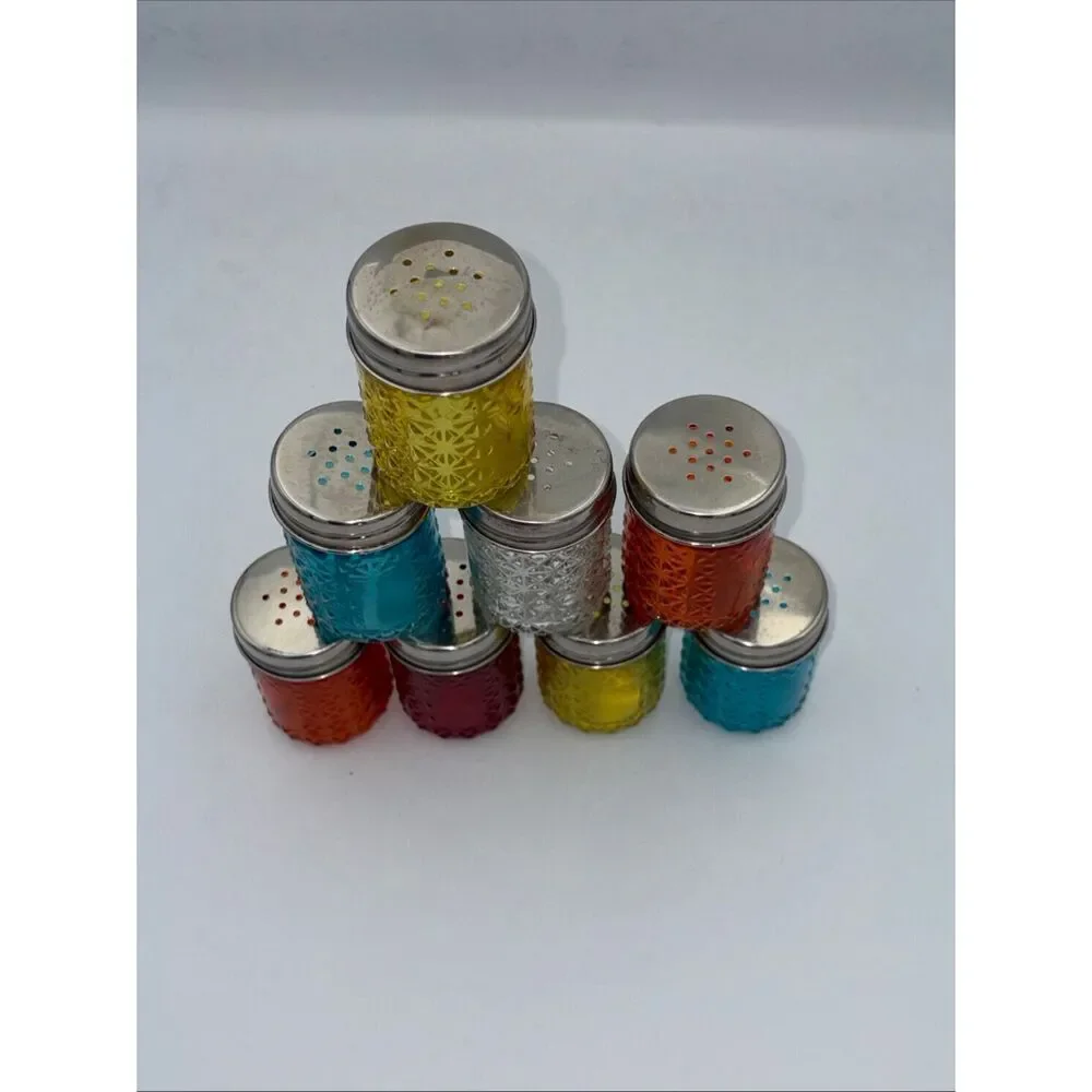 Vintage MCM Colored Glass Spice Bottles Aluminum Tops Colorful